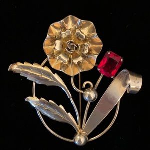 Enzell Sterling Brooch Vintage w/Red Rhinestone 2 1/2” x 2 1/2”